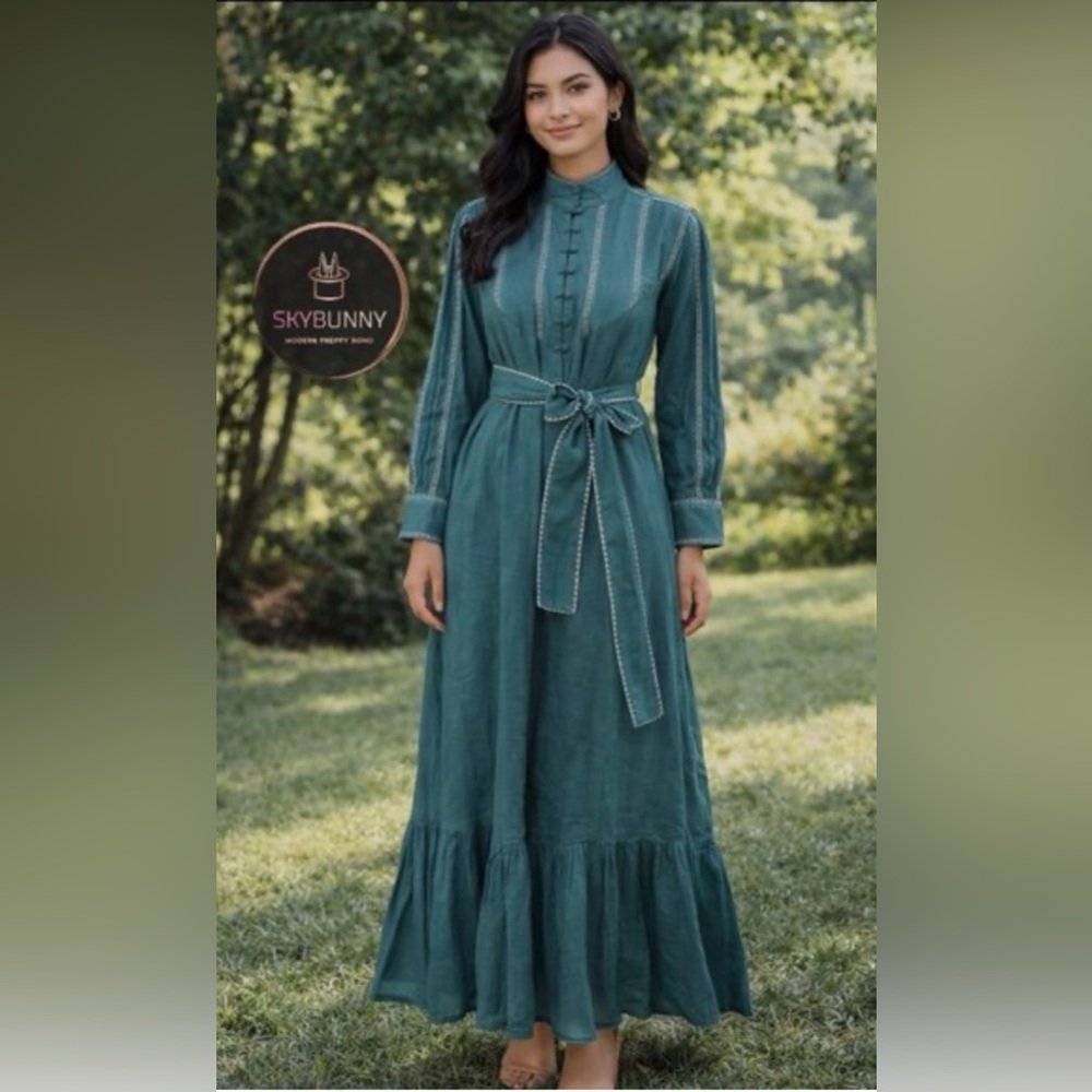 NWT Ex VOTO Sutton Cotton Emerald Green Embroidered Belted Maxi Dress SZ LG
